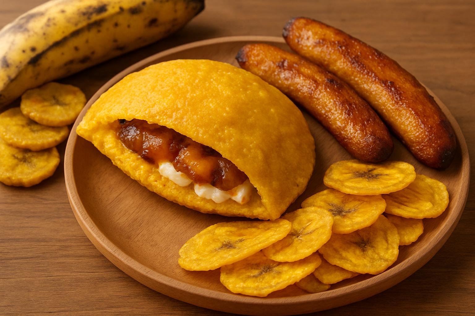 Empanada con maduro y queso y otros productos de plátano